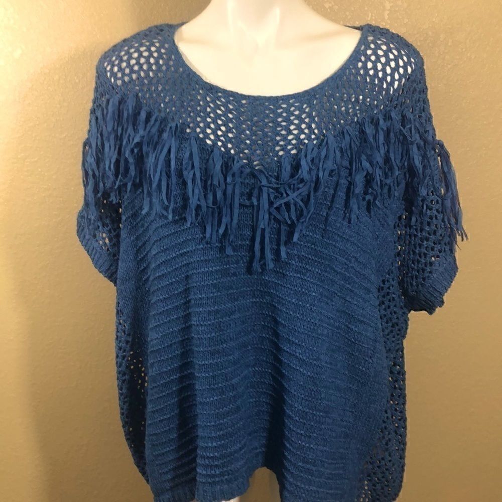 Blue short sleeve crochet oversized Spring top